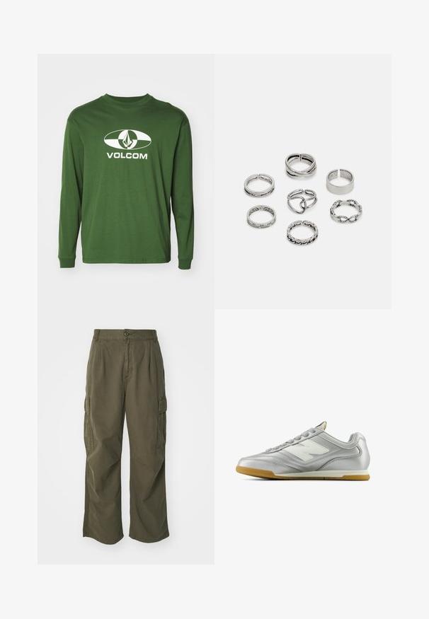 Langermet grønn bomull t-skjorte med et hvitt ovalt logo med en diamantform og "VOLCOM" -teksten sentrert under.; Olivenfargede cargo bukser, laget av bomull, med bred bendesign, folder og sidelommer for nytte.; Sølv idrettssko med en glatt, blank overflate, hvit logo på siden, teksturerte grå snører, og såle av gummigummi.; Sett med sju sølvringer med forskjellige design, inkludert vridde, sammenkoblede og gravyrmønstre. Ulike former og bredder.