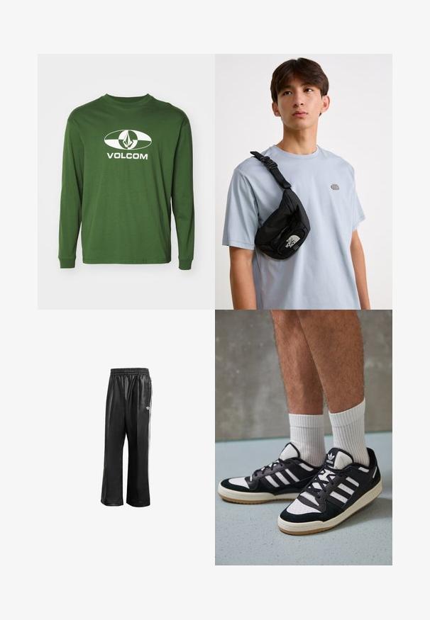 Langärmliges grünes Baumwoll-T-Shirt mit einem weißen ovalen Logo, das eine Diamantform zeigt, und dem Text "VOLCOM" darunter zentriert.; Schwarze synthetische Sporthosen mit elastischem Taillenbund, ausgestattet mit weißen Seitenstreifen und einem kleinen weißen Logo auf der linken Hüfte.; Schwarz-weiße Sneaker mit einem Obermaterial aus Wildleder und Leder, ausgestattet mit drei weißen Streifen, einer perforierten Zehenpartie und einer Sohle aus Gummi.; Schwarze Nylon-Crossbody-Tasche mit verstellbarem Riemen, die ein auffälliges weißes Logo trägt. Wird über einem hellblauen T-Shirt getragen. Schlichtes, funktionales Design.