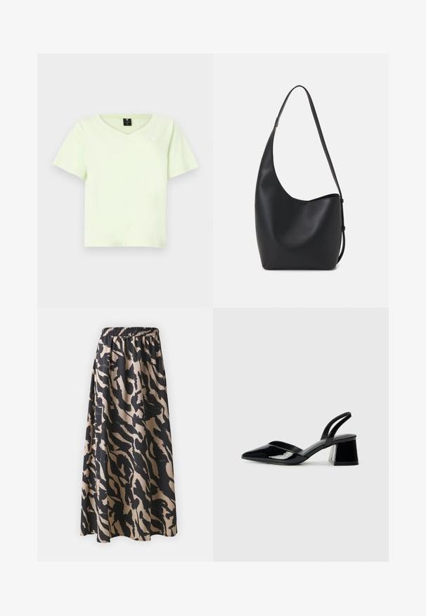 Tricou verde deschis cu guler în V, din bumbac. Mâneci scurte, croi lejer și un logo mic pe piept. Textură netedă, fără modele.; Fustă lungă neagră și bej cu talie elastică, având un model abstract de imprimeu animal și o siluetă fluidă.; Pantofi cu toc slingback din piele lacuită neagră, cu vârf ascuțit și toc geometric. Prezintă un design elegant, minimalist și o textură netedă.; Geantă hobo din piele neagră, cu o textură netedă, formă curbată și un singur bretele ajustabil; are o deschidere largă în partea de sus.