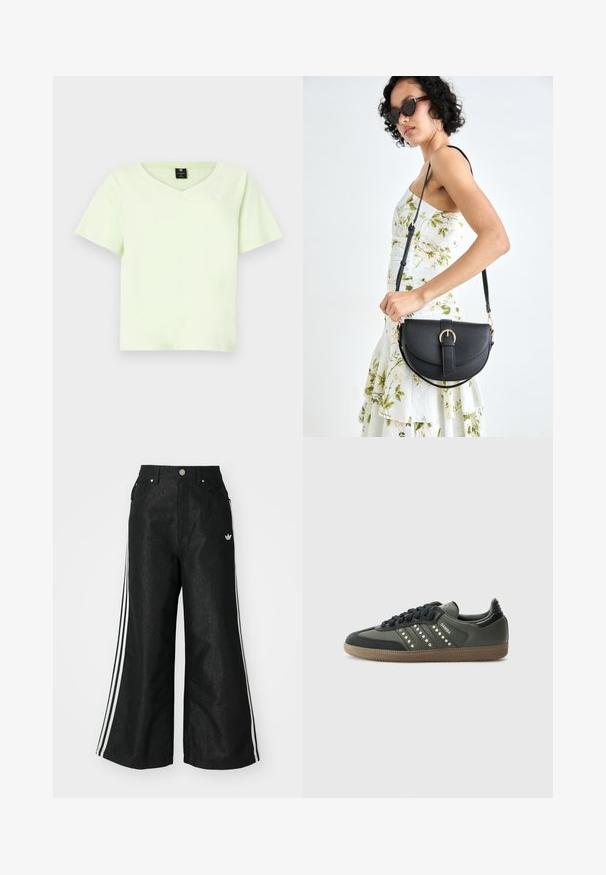 Lys grøn V-hals t-shirt lavet af bomuld. Korte ærmer, afslappet pasform og et lille logo på brystet. Glat tekstur uden mønstre.; Sorte vide denim bukser med tre hvide striber på hver side og et lille hvidt logo. Indeholder forlommer og en knaplukning.; adidas Originals SAMBA OG - Sneakers - core black/legend earth/gum; Sort læderhåndtaske med en buet form, aftagelig rem og guldfinish. Tasken har en klap med en spænde detalje.