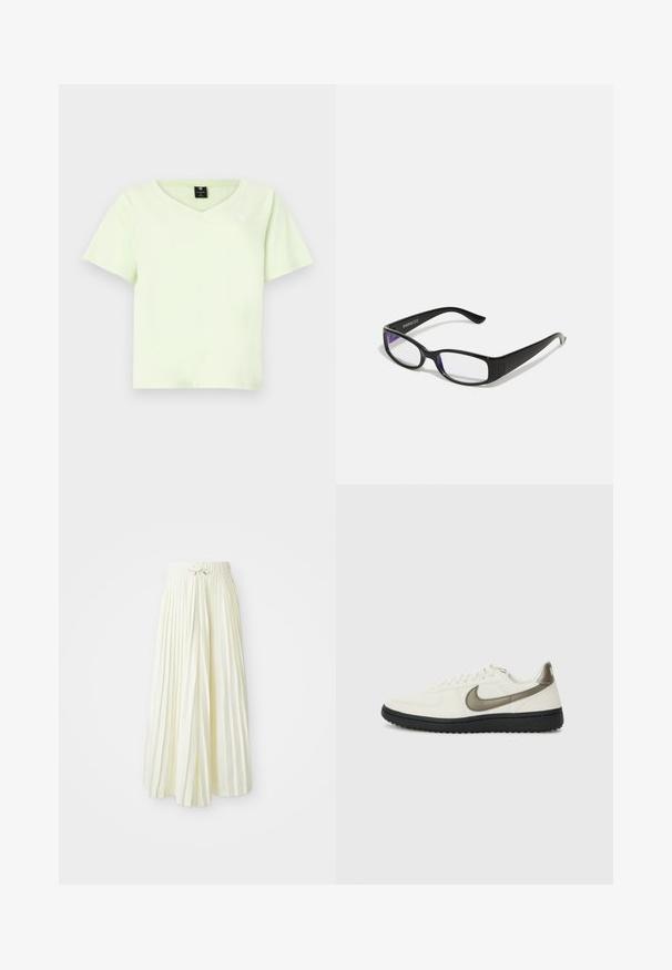 Šviesiai žalia V formos marškinėliai pagaminti iš medvilnės. Trumpomis rankovėmis, laisvo dydžio, ir mažas logotipas ant krūtinės. Sklandžiomis tekstūra be raštų.; Šviesiai geltona, krokuota midi sijonas, su elastinga juosta ir juostele, glotnaus audinio tekstūra ir vertikalios juostelės papildomam akcentui.; Nike Sportswear FIELD GENERAL - Sportbačiai - off-white/black; Juodi stačiakampiai akinių rėmeliai su skaidriais lęšiais. Blizgus paviršius, siauri šonai ir purpurinis atspalvis, matomas lęšių pakraščiuose.