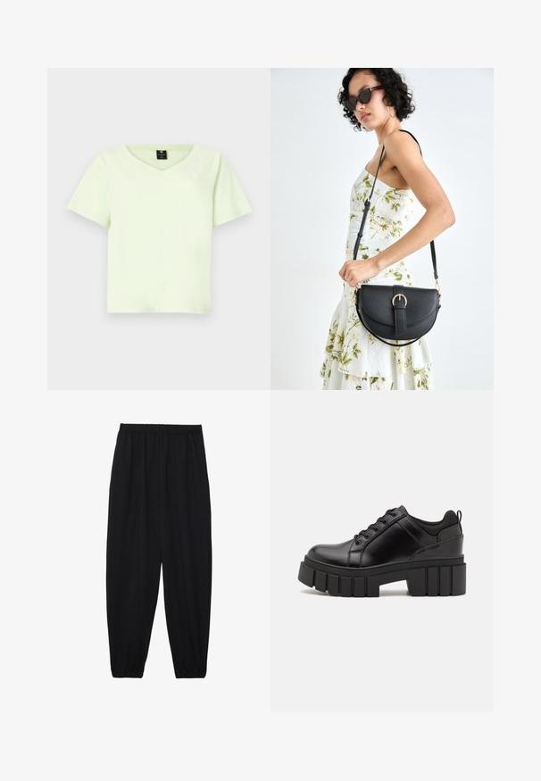 Light green V-neck t-shirt made of cotton. Short sleeves, relaxed fit, and a small logo on the chest. Smooth texture without patterns.; Black, lightweight pants with an elastic waistband and gathered ankles. The fabric is smooth and features a relaxed, tapered design.; Black leather platform shoes with a chunky block heel, round toe, and traditional lace-up design. Features smooth texture and minimal detailing.; Black leather handbag with a curved shape, detachable strap, and gold hardware. The bag features a flap with a buckle detail.