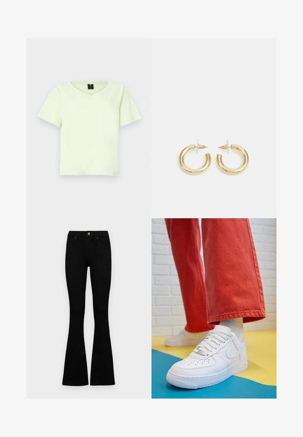 Svijetlo zelena majica s V-izrezom od pamuka. Kratak rukav, ležeran kroj i mali logo na prsima. Glatka tekstura bez uzoraka.; Crne traperice viskog struka s kopčanjem na gumb i rajfeslusu, prednjim džepovima i širom nogavicama položene su ravno na bijeloj pozadini.; Bijele kožne tenisice s perforiranim prednjim dijelom, teksturiranim đonom i bijelim vezicama, u kombinaciji s širokim crvenim hlačama i plavo-žutom pozadinom.; Zlatne kružne naušnice s glatkom, sjajnom završnom obradom. Kružni dizajn s malom potporom i prozirnom podlogom za sigurno nošenje.