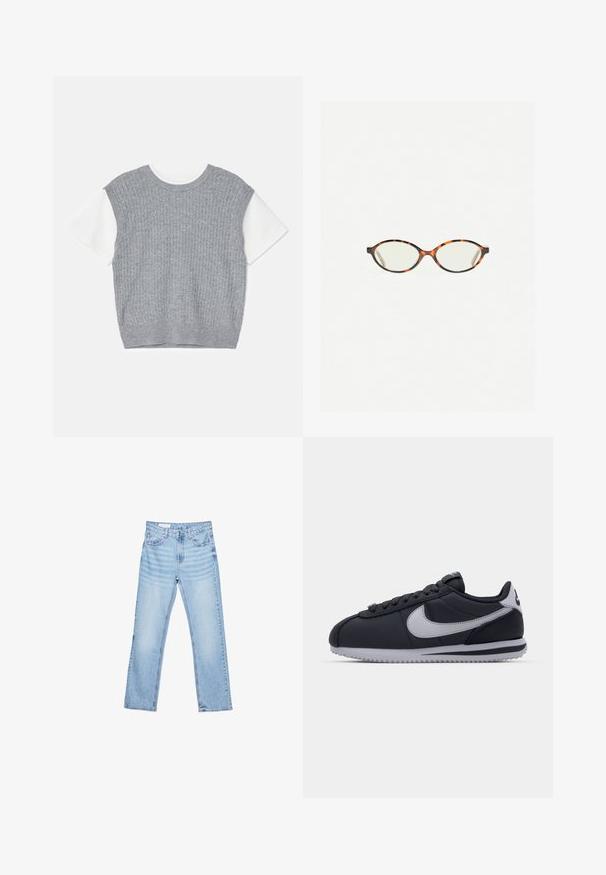 Grau gestrickter Pullover mit kurzen weißen Ärmeln. Strukturierter Rippenstoff, runder Ausschnitt und verkürzter Saum. Weicher Stoff mit lockerer Passform.; Hellblaue Jeans aus Denim mit geradem Schnitt, Fünf-Taschen-Design und sichtbaren Nähten. Mittelhoher Taillenbund mit klassischem Knopf- und Reißverschluss.; Schwarzer Sportschuh mit grauen Akzenten, glattes synthetisches Obermaterial, strukturierte Sohle, abgerundete Zehenpartie und flache Schnürsenkel. Klassisches Design mit Logodetails.; Schildpatt-Eyegläser mit ovalen Gläsern und einer eleganten, glatten Oberfläche. Mit dünnen Seiten und einer subtilen Kurve an den Schläfen. Klare Gläser.