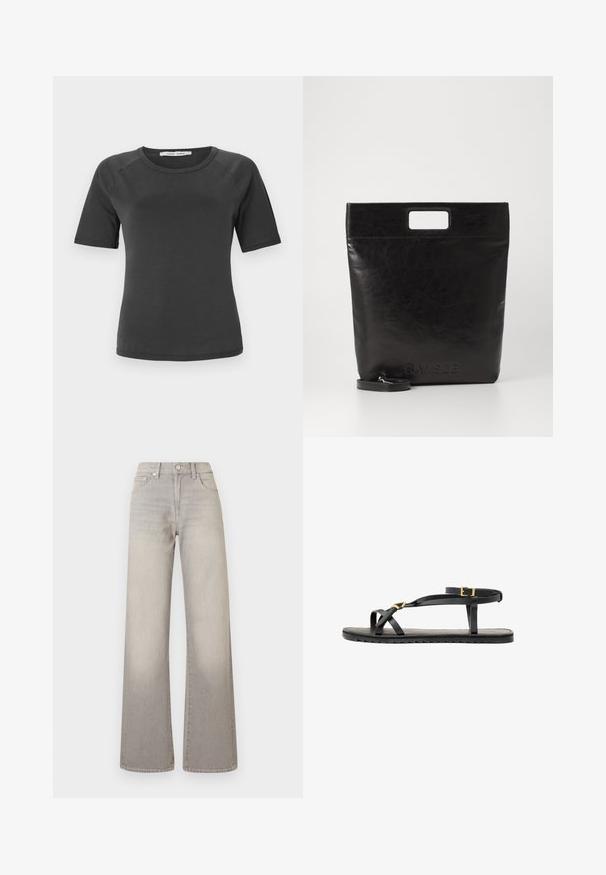 Dark gray short-sleeve t-shirt with a round neckline, made of smooth fabric, featuring raglan sleeves and a minimalist design.; Gray wide-leg jeans with a faded finish, button closure, five-pocket design, and stitched detailing along the seams.; Black leather sandals with thin straps and a buckled ankle strap. Flat sole with a textured finish and zigzag edge. Minimalist design.; Black leather tote bag with a square handle, featuring a textured finish and embossed logo. Includes a detachable strap.