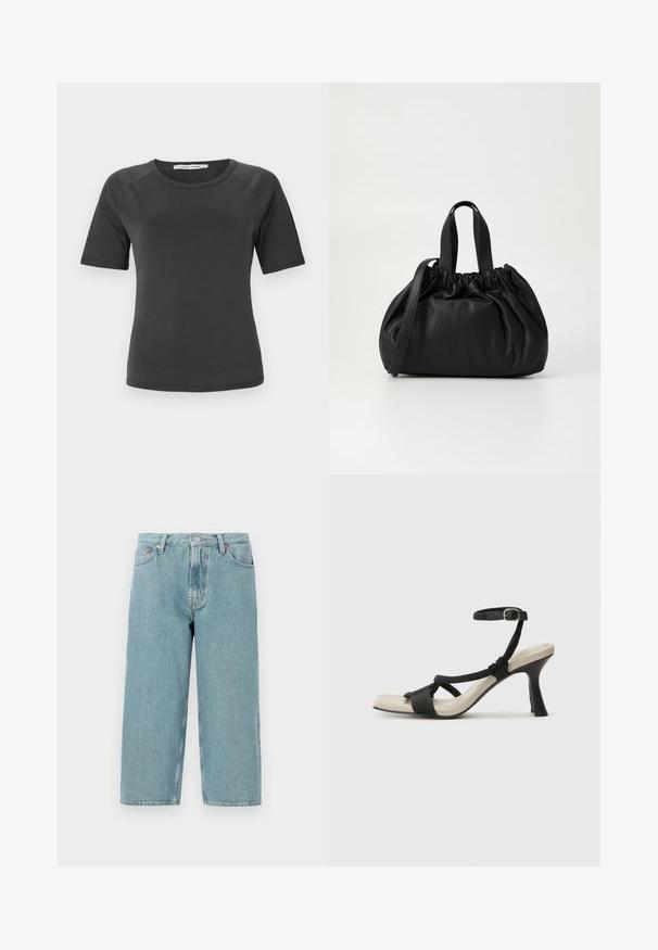 T-shirt de manga curta cinza escuro com decote redondo, feito de um tecido suave, com mangas raglan e um design minimalista.; Shorts de denim azul claro com cintura alta, corte reto e bainha desfiada. Apresenta um fecho clássico de botão e zipper, além de quatro bolsos.; Sandal com salto alto preto e design de tiras trançadas, bico quadrado e tira de tornozelo ajustável. Sola em tom bege claro com um salto preto brilhante.; Bolsa de couro preta com um design de topo franzido, apresentando duas alças curtas e uma alça longa ajustável. Textura suave, formato arredondado.