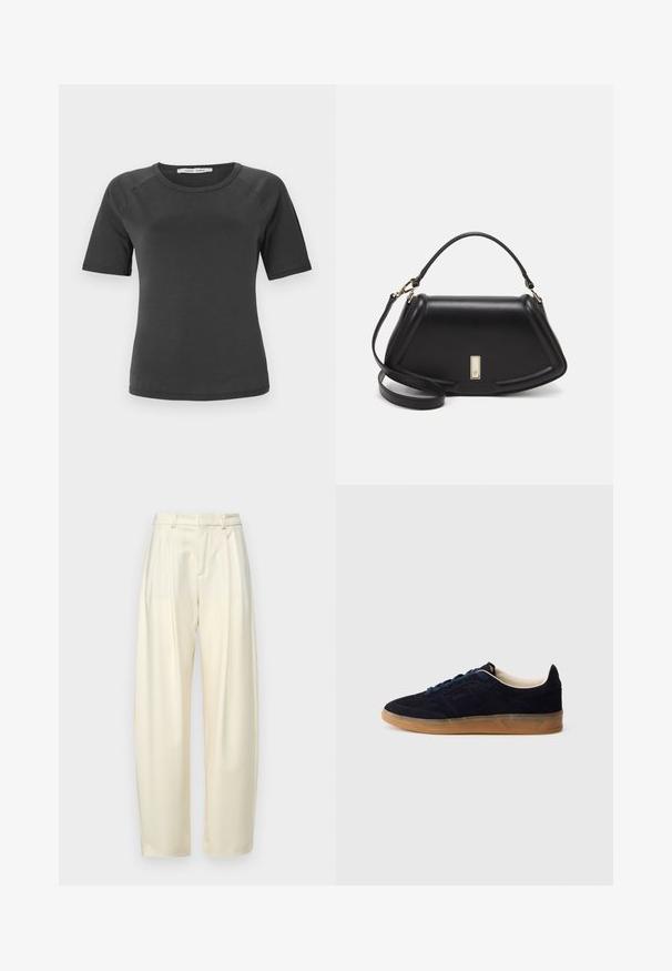 Dark gray short-sleeve t-shirt with a round neckline, made of smooth fabric, featuring raglan sleeves and a minimalist design.; Pleated, high-waisted trousers in light cream fabric. Features a straight cut and a smooth texture. No pockets or visible hardware.; Navy suede sneaker with a gum rubber sole, blue laces, and minimalist design. Features embossed logo on the side and smooth inner lining.; Black leather handbag with a structured design, featuring a cropped shape, top handle, and gold hardware accent. Adjustable shoulder strap included.