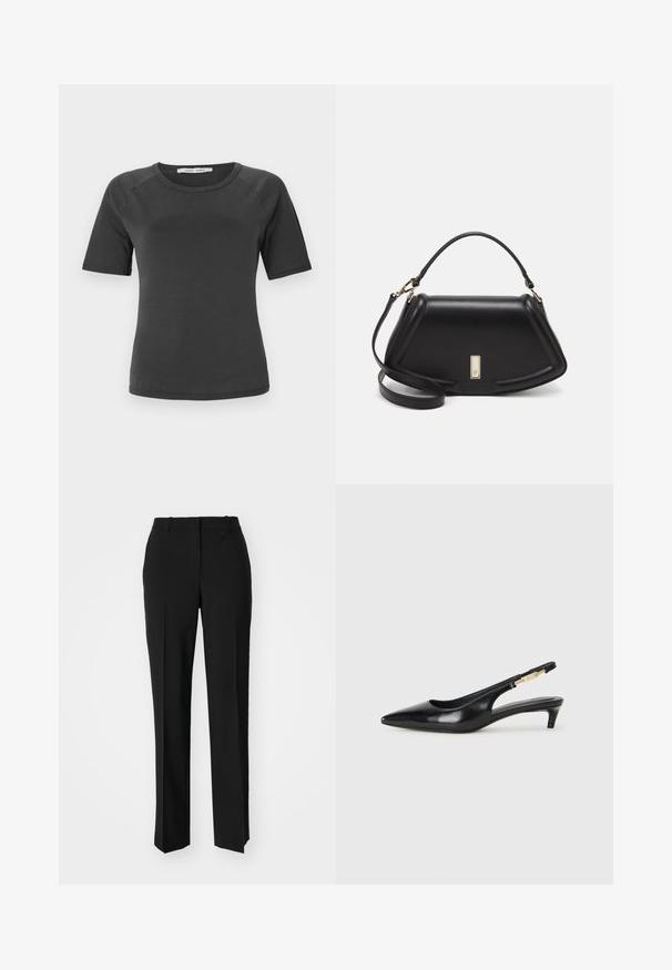 Mørkegrå kortærmet t-shirt med rund halsudskæring, lavet af glat stof, med raglanærmer og et minimalistisk design.; Sorte skræddersyede bukser med lige ben-design, der har en glat tekstur og skarpe folder langs fronten. Ingen synlige hardware.; Sorte læder slingback hæle med spids tå, der har en slank hæl og en guldfarvet detalje på den justerbare rem. Glat tekstur.; Sort læderhåndtaske med en struktureret design, der har en kortet form, tophåndtag og guld hardware-accenter. Justerbar skulderrem inkluderet.