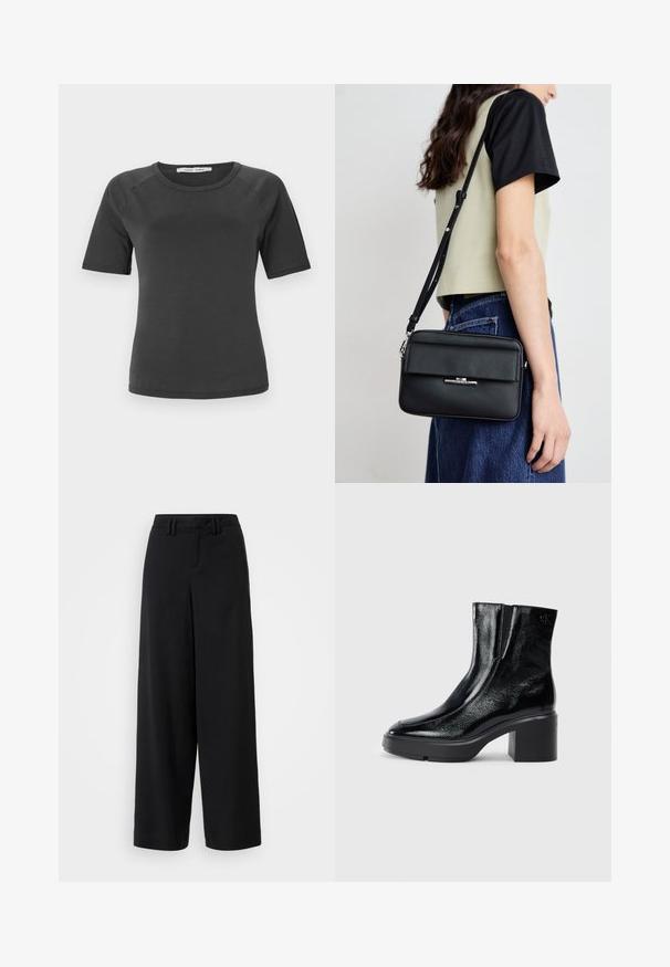T-paita tummanharmaana, lyhythihaisena, pyöreällä kaula-aukolla, sileää kangasta, raglan-hihalla ja minimalistisella muotoilulla.; Mustat leveälahkeiset housut, jotka on valmistettu sileästä kankaasta ja joissa on tasainen etuosa, laskostettuja yksityiskohtia sekä vyölenkit vyötäröllä.; Musta patentoitu nahkasaappaat nilkkoihin, joissa on kaareva kärki, joustavat sivupaneelit ja paksu lohkoilut. Takana on kohokuvioitu logo.; Calvin Klein LINEAR CAMERA BAG - Olkalaukku - black