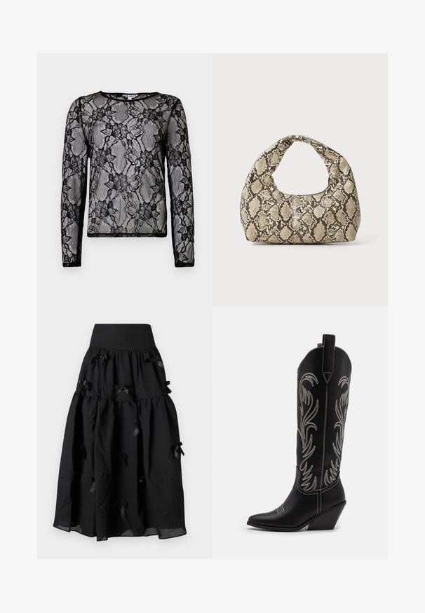 Schwarzes Langarmoberteil aus transparenter Spitze mit Blumenmustern, runder Ausschnitt und kontrastierenden schwarzen Abschlüssen an den Rändern.; Sister Jane BIRDIE BOW MIDI SKIRT - A-Linien-Rock - black; Schwarze Leder-Cowboy-Stiefel mit spitzen Zehen, Keilabsätzen und silbernen, gestickten Blumenmustern entlang des Schafts. Kontrastnähte über das gesamte Design.; Schlangenmuster-Tasche mit einem gebogenen Griff. Hergestellt aus strukturierten, beige- und braunfarbenen Materialien, die ein markantes Diamantmuster aufweisen.