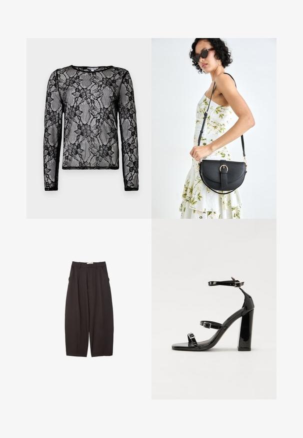 Crna majica dugih rukava od prozirne čipke s cvjetnim uzorcima, okruglim izrezom i kontrastnim crnim obrubom oko rubova.; Crne široke hlače napravljene od glatke tkanine, s visokim strukom, prednjim nabranjima i bočnim džepovima. Jednostavan dizajn bez ukrasa.; Crne lakirane sandale na pete sa kvadratnim nosom, trakama oko gležnja i srebrnim kopčama. Imaju čvrst blok petu za stabilnost.; Crna kožna torba s lukovitim oblikom, odvojivim remenom i zlatnim detaljima. Torba ima preklop s kopčom.