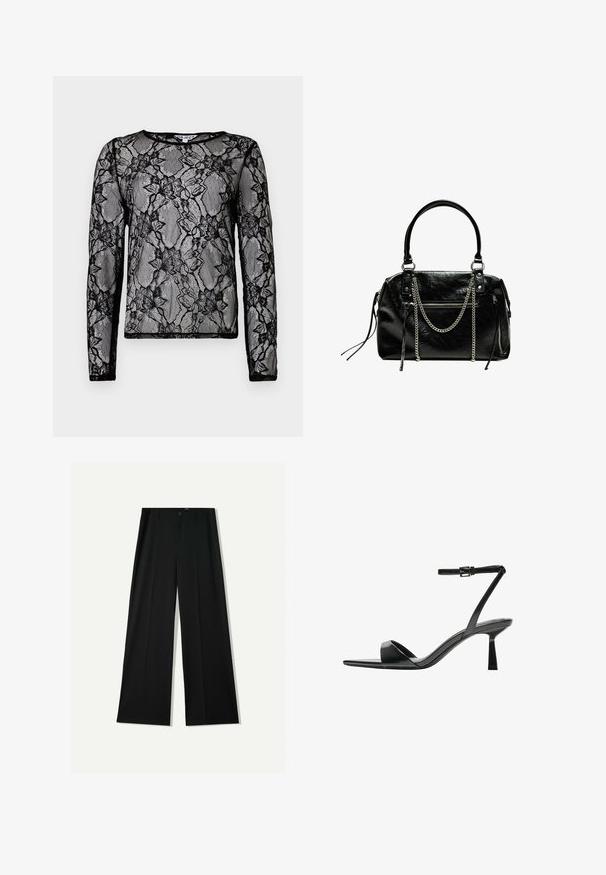 Črn dolg rokav vrh iz prosojnega čipkastega materiala s cvetličnimi vzorci, zaobljenim ovratnikom in kontrastnim črnim robom okoli robov.; Bershka WIDE - Hlače - black; Bershka Sandali z visoko peto - black; Bershka WITH CHAIN - Torbica - black