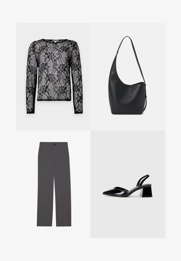 Juodas ilgomis rankovėmis viršus, pagamintas iš permatomo nėrinių, su gėlių raštais, apvalia iškirpte ir kontrastingais juodais apvadais aplink kraštus.; Pilkos kelnės su tiesaus kirpimo dizainu, turinčios dvi šonines kišenes ir mygtuko užsegimą. Lygus audinys be matomų raštų ar akcentų.; Juodos lakuotos odinės šlepetės su smailiu pirštu ir geometriniu bloko kulnu. Turi elegantišką, minimalistinį dizainą ir lygų paviršių.; Juodas odinis hobo maišas su lygiu paviršiumi, kreipta forma ir viena reguliuojama rankena; turi platų atidarymą viršuje.