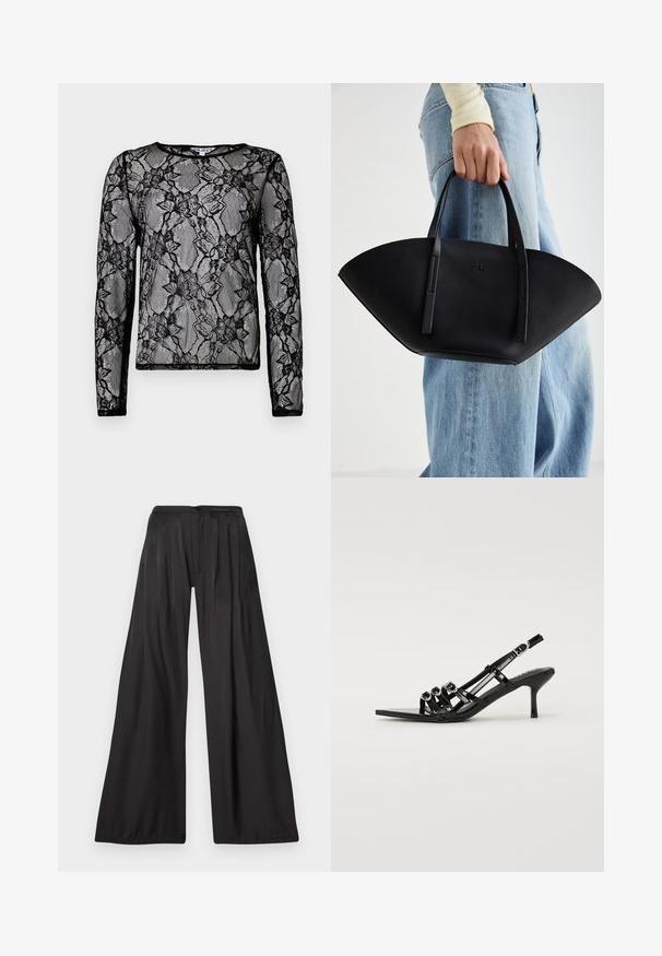 Blusa de manga longa preta feita de renda transparente com padrões florais, gola redonda e acabamento em preto contrastante nas bordas.; Calças de perna larga feitas de um tecido preto liso. Apresentam pregas verticais, fecho com botão e um design de cintura alta. Estilo minimalista.; Shoe preto de salto alto com atilhos, com bico fino, apresentando várias tiras estreitas e detalhes circulares na parte da frente.; Bolsa de mão em couro preto com uma forma única em leque, apresentando alças planas. A superfície tem uma textura pebble e um design minimalista.