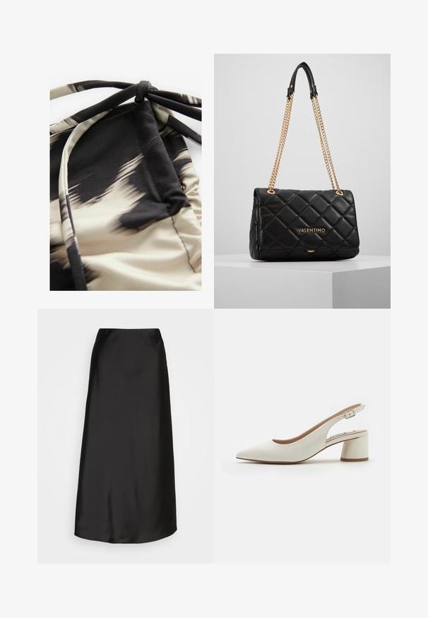 Lightweight swimwear fabric with an abstract beige and black pattern, featuring gathered texture and adjustable ties for fit.; Black satin midi skirt with a smooth texture, A-line shape, and a subtle sheen. Features a sleek, uncomplicated design without embellishments.; White leather slingback pump with a pointed toe, mid-height block heel, and adjustable strap. Smooth texture; minimalistic design.; Black quilted leather handbag with gold chain strap and logo detail. Rectangular shape, smooth texture, featuring a flap closure.