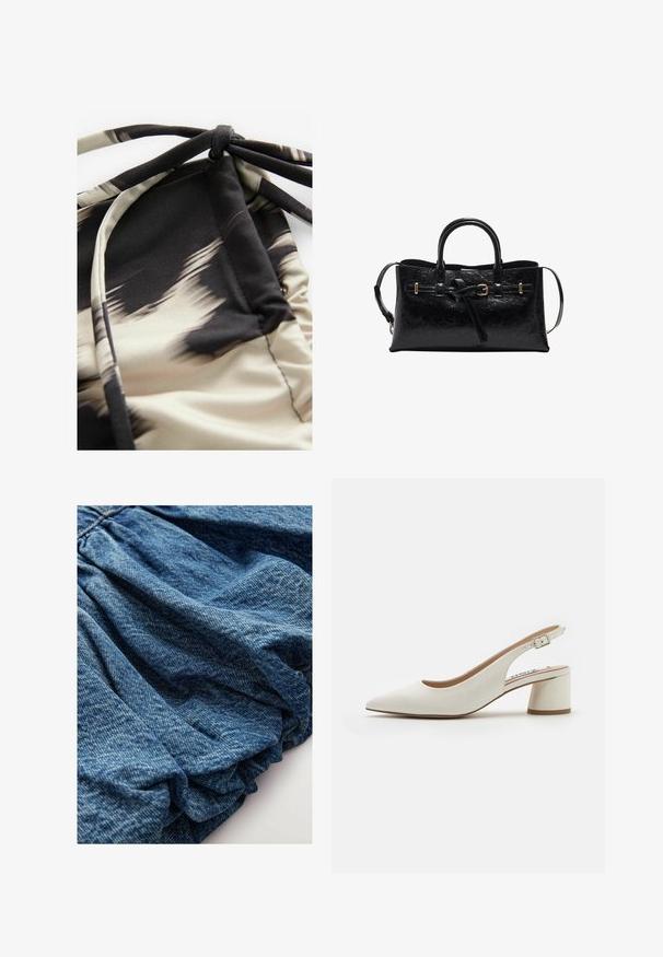 Lekki materiał stroju kąpielowego w abstrakcyjnym beżowo-czarnym wzorze, z marszczonymi teksturami i regulowanymi paskami dla lepszego dopasowania.; Denim w głębokim niebieskim odcieniu, o zmarszczonej fakturze tworzącej miękkie fałdy. Gładka powierzchnia z subtelnymi wariacjami kolorystycznymi.; Białe skórzane czółenka na pielęgnaczce z ostro zakończonym noskiem, średniej wysokości słupkiem i regulowanym paskiem. Gładka faktura; minimalistyczny design.; Czarna skórzana torebka o teksturowanym wykończeniu, w strukturalnym kształcie, z podwójnymi uchwytami i odpinanym paskiem na ramię. Akcenty w złotym kolorze.