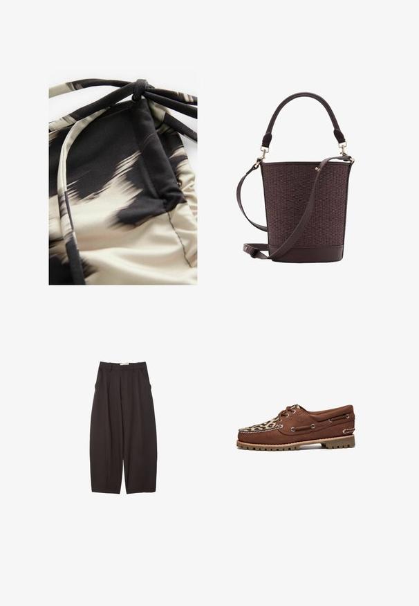 Tessuto per costumi da bagno leggero con un motivo astratto beige e nero, caratterizzato da una texture arricciata e lacci regolabili per una vestibilità personalizzata.; Pantaloni neri a gamba larga realizzati in un tessuto morbido, con vita alta, pieghe frontali e tasche laterali. Design semplice senza decorazioni.; Timberland Scarpe da barca - medium brown nubuck; Borsa a secchiello intrecciata marrone con fondo in pelle liscia, manico superiore e tracolla regolabile. Presenta dettagli in metallo dorato.