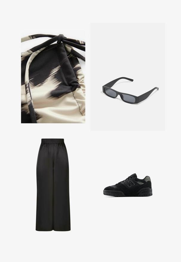 Lightweight swimwear fabric with an abstract beige and black pattern, featuring gathered texture and adjustable ties for fit.; Black wide-leg pants made of smooth, shiny fabric with an elastic waistband and no visible pockets or hardware details.; Black low-top sneaker with textured sole, lace-up design, suede panels, and patterned accents on heel and side logo.; Black rectangular sunglasses with dark lenses and thick matte frames. The arms are slightly tapered with a smooth texture.