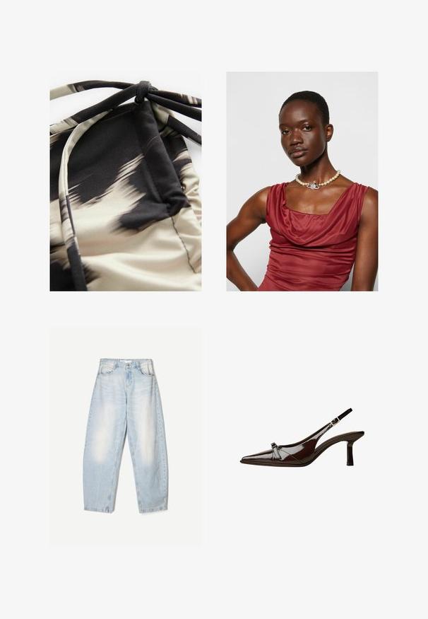 Lagano platno za kupanje s apstraktnim bež i crnim uzorkom, s naboranom teksturom i podešivim trakama za prilagodbu.; Svijetloplave traperice s širokim krojem, s izblijedjelim završetkom, dva prednja džepa i dugmetom za zatvaranje na struku.; Smeđe lakirane slingback cipele s upPointom, niskom petom i dekorativnom mašnom sprijeda. Glatka, sjajna tekstura.; Haljina duboke crvene boje s kapuljačom, glatke teksture. Ima perle oko vrata s ukrasnim srebrnim detaljem u središtu.