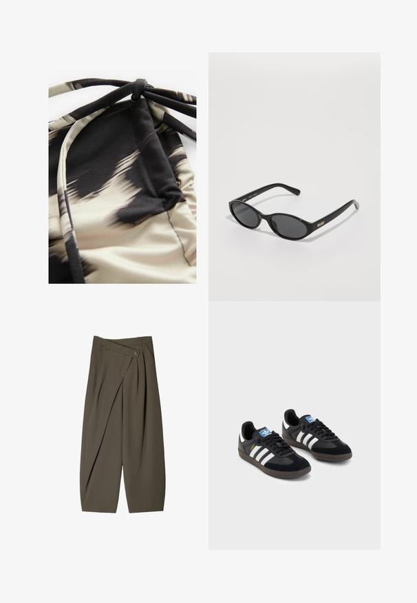 Lichtgewicht zwemkledingstof met een abstract beige en zwart patroon, met een geraffineerde textuur en verstelbare strikken voor een goede pasvorm.; Ruime broek in donkergroen stof, met een geplooide voorkant, een knoopsluiting en een gepolijste, gestructureerde afwerking.; Zwarte sneakers met een bovenwerk van suède en synthetisch materiaal, voorzien van drie witte strepen, een gestructureerde rubberen zool en een blauw logo-label op de tong.; Zwarte zonnebril met ronde lenzen, glanzend plastic frame en het "QUAY"-logo in goud aan de zijkant. Beschikt over donkergetinte lenzen.