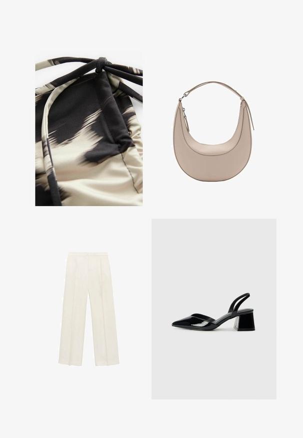 Leichtes Schwimmstoffgewebe mit einem abstrakten beige-schwarzen Muster, das eine geraffte Textur und verstellbare Bänder für die Passform bietet.; Weit geschnittene Hosen in einem hellen cremefarbenen Farbton. Hergestellt aus einem glatten Stoff mit Falten an der Vorderseite und seitlichen Taschen.; Schwarze Lackleder-Slingback-High Heels mit spitzem Schuh und einem geometrischen Blockabsatz. Verfügt über ein schlankes, minimalistisches Design und eine glatte Textur.; Beige Leder Schultertasche in Halbmondform, mit glatter Oberfläche und einem geschwungenen Henkel. Verfügt über einen Reißverschluss und saubere Nähte.