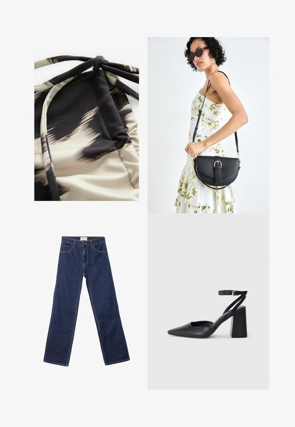 Ľahký plavkový materiál s abstraktným béžovým a čiernym vzorom, s nabrúsenou textúrou a nastaviteľnými viazaniami pre dokonalé prispôsobenie.; Tmavomodré džínsy so strihaným strihom, prednými vreckami, pútkami na opasok a zapínaním na gombík.; Čierne kožené lodičky s špicatou špičkou a členkovým remienkom, s masívnym podpätkom. Hladký povrch, elegantný dizajn a minimalistická estetika.; Čierna kožená kabelka s zaobleným tvarom, odnímateľným popruhom a zlatými doplnkami. Kabelka má klopu s detailom s prackou.