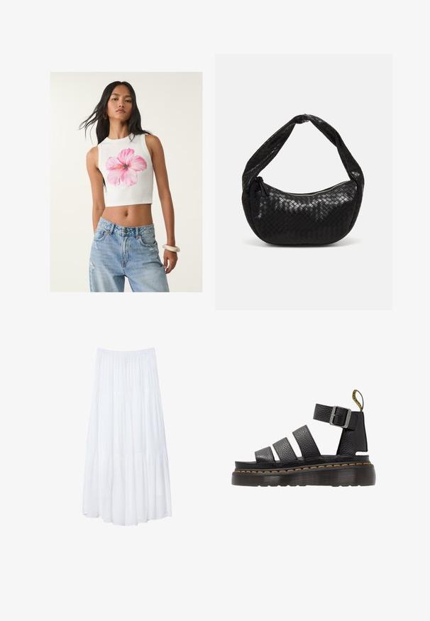Biely bezrukávový crop top s potlačou ružových hibiskusových kvetov, spárovaný so svetlomodrými zničenými džínsami. Hladký bavlnený materiál.; Biela, tierovaná maxi sukňa vyrobená z ľahkej tkaniny. Má elastický pás a voľný dizajn s jemnou, subtílnou textúrou.; Čierne kožené sandále s tromi širokými popruhmi, nastaviteľnou kovovou prackou, hrubou štruktúrovanou podrážkou a oranžovým šitím pozdĺž okraja.; Čierna tkaná kožená kabelka s zakriveným tvarom, s hrubým uchom a zipsovým uzatvorením. Textúrovaný povrch s lesklým povrchom.