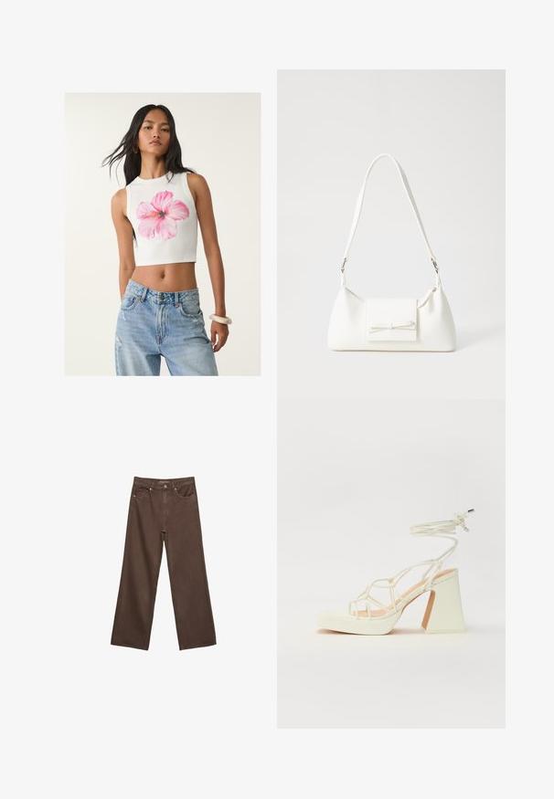 Valkoinen ilman hihoja oleva crop-top, jossa on vaaleanpunaisten hibiskuskukkien kuvio, yhdistettynä vaaleansinisiin kulutettuihin farkkuihin. Pehmeä puuvillamateriaali.; Leviittävät ruskeat farkut, jotka on valmistettu denimistä, korkea vyötärö, etutaskut ja klassinen nappikiinnitys. Silkkinen pinta hienovaraisella ompelutyöllä.; Valkoinen korkokenkä, jossa on paksu korko, ja joka sisältää nauhakiinnityksen ja nilkkaketjun. Sujuva pinta, jossa on platform-etupohja lisäkorkeutta varten.; Valkoinen synteettinen käsilaukku, jossa on kolmikulmainen muoto, tasainen etu läppä ja nauhadetail, säädettävä olkahihna, sileä rakenne ja minimalinen muotoilu.