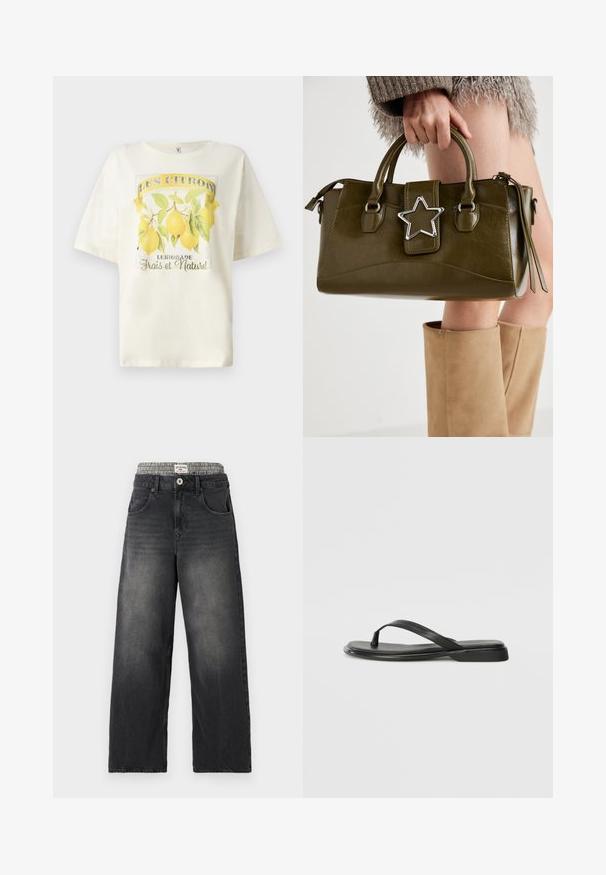 Cremfarbener T-Shirt mit kurzen Ärmeln, das eine gelbe Zitronengrafik sowie den Text "LES CITRONS" und "Limonade Frais et Naturel" zeigt.; Schwarze Jeans mit weitem Bein aus Denim und einem Hahnentritt-Muster am Bund. Merkmale sind Fronttaschen und ein Knopfverschluß. Mit einem abgenutzten Look.; Schwarze Flip-Flops aus glattem Leder, mit einem dünnen Riemendesign und einer flachen Sohle mit minimalem Profil. Keine bemerkenswerten Muster oder Akzente.; Olivgrünes Kunstlederhandtasche mit silbernem Sternakzent, doppelten Griffen und einem Reißverschluss. Strukturierten Form und texturierten Oberfläche.