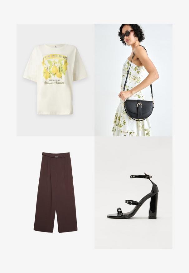 T-shirt couleur crème à manches courtes, avec un graphique de citron jaune et le texte « LES CITRONS » et « Limonade Frais et Naturel ». ; Stradivarius WIDE-LEG WITH BUCKLE DETAIL - Pantalon classique - dark brown; Sandales à talons vernies noires avec un bout carré, des sangles autour de la cheville et des boucles en argent. Dotées d'un talon bloc épais pour plus de stabilité.; Sac à main en cuir noir avec une forme courbée, bandoulière amovible et des accessoires en or. Le sac est doté d'un rabat avec un détail de boucle.