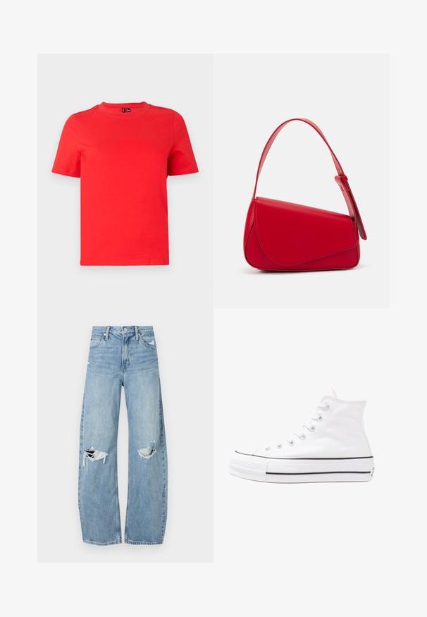 Rød bomull T-skjorte med rund hals, korte ermer og en glatt tekstur. Enkelt design, uten mønstre eller dekorasjoner.; Lyseblå høytlivsjeans laget av denim. Har vide bein, to revne knær og klassisk fem-lommers design.; Hvit høy-skinn kanvas sneakers med svart gummisåle, gummitåhette foran og seks hull for snorer, med et rent, minimalistisk design.; Rød lærveske med en vinklet, geometrisk design. Har en enkelt justerbar stropp og en klaffelukking med sydd detaljer.