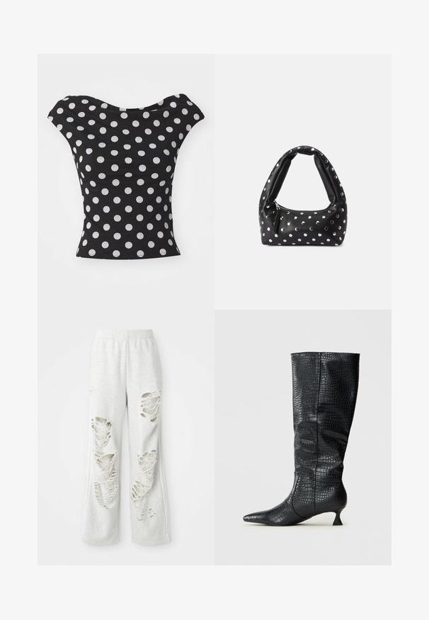 Musta paita valkoisilla pilkuilla, jossa on leveä, olkapäiden yli ulottuva kaula-aukko ja tiukka muoto. Valmistettu pehmeästä ja joustavasta kankaasta.; Harmaat löysät collegehousut, joissa on useita kuluneita kohtia, pehmeä tekstuuri ja joustava vyötärö.; Polvisukuiset mustat tekonahkabootsit, joissa on kiiltävä krokotiilitekstuuri, terävä kärki ja kapea, kulmikas korko. Klassinen muotoilu ja sulava siluetti.; Musta nahkainen käsilaukku, jossa on taivutettu kahva, hopeanvärisiä pilkkukoristeita ja vetoketjukiinnitys toisella sivulla.