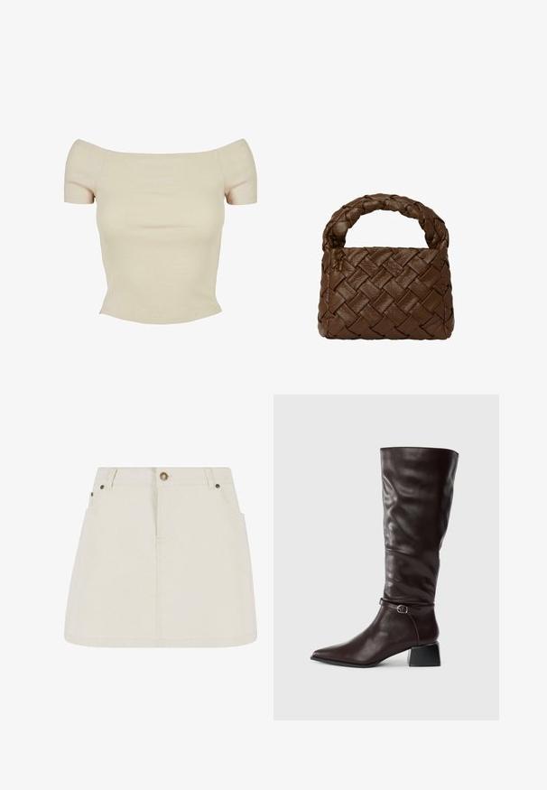 Off-shoulder, kortärmad ribbad topp i ljusbeige. Har en åtsittande silhuett och mjuk textur med en sömlös finish.; Denimminikjol i ljusbeige med hög midja, två framfickor och bronsfärgade knappdetaljer. Slät textur och enkel design.; Hög, mörkbrun läderboot med spetsig tå, liten spännestraps runt vristen och låg blockklack på vit bakgrund.; Brun flätad läderhandväska med ett flätat handtag, rektangulär form, strukturerad yta och sömlös konstruktion.