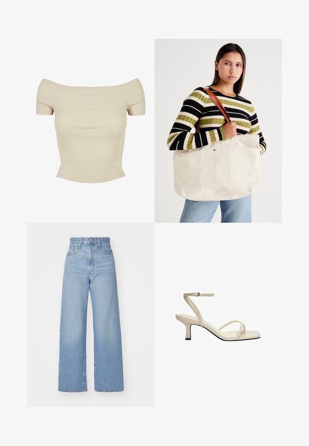 Top cu umeri descoperiți, cu mâneci scurte, din material canalat, de culoare bej deschis. Prezintă o siluetă ajustată și o textură moale, cu un finisaj fără cusături.; Jeans cu talie înaltă, de culoare albastru deschis, cu croială largă, dotate cu nasture și fermoar la față, buzunare în față și spate, pe un fundal alb.; Sandal cu barete bej, cu vârful pătrat, curea subțire la glezna și toc pătrat de 5 cm. Material din piele netedă, cu o talpă neagră contrastantă.; Geantă mare din pânză bej, cu mânere din piele maro, având un design minimalist și accente de cusături vizibile.