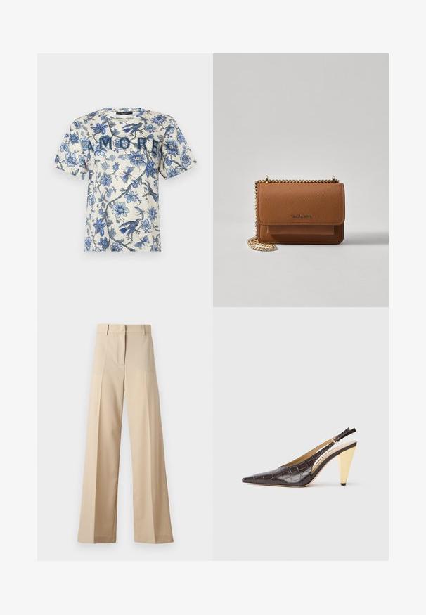 Weekend Max Mara RADIO - T-shirts med print - azzurro; Beige vide bukser laget av glat stoff, med flat front og folder, glidelås og beltehemper. Skreddersydd passform generelt.; Spenne-punktet hæl i mørkebrun, blank faux krokodillelær. Har en gullfarge geometrisk hæl og justerbar ankelstropp.; Brun teksturert lær crossover-veske med gullkjede-stropp og klaffelukking. Fronten har logo-detalj og en lomme under klaffen.