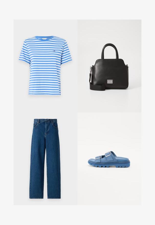 Zila un baltā svītraina īsām piedurknēm T-kreklā no kokvilnas, ar apaļu kakla izgriezumu un mazu izšūtu logotipu uz krūtīm.; Platas kājas denim bikses tumši zilā krāsā. Augsta jostas dizains ar jostas cilpiņām un priekšējām kabatām. Gluda tekstūra un klasiskā piecu kabatu stils.; Zilas platformas sandalēs ar divām regulējamām sprādzēm, teksturētu gumijas zoli un gludu augšējo materiālu. Masīvs, noapaļots dizains.; Melna sintētiska soma ar augšējiem rokturiem, noņemamu plecu siksniņu, apaļu formu, gludu tekstūru un sudraba logotipa akcentu priekšpusē.