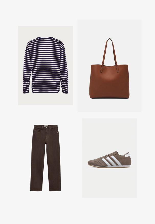 Pitkähihaiseen puseroon laivastonsinisellä värillä, jossa on valkoisia vaakaraitoja, pyöreä kaula-aukko ja pehmeää puuvillaa.; Ruskeat leveälahkeiset farkut, valmistettu denimestä, joissa on klassinen viiden taskun muotoilu, napitus ja hienovaraiset ompeluyksityiskohdat.; Ruskea mokkaboots-urheilujalkine, jossa on valkoiset raidat, pyöreä kärki, nauhakiinnitys ja kumipohja. Teksturoitu päällinen, jossa on ompelutiedot.; Ruskea nahkainen olkalaukku, jossa on sileä pinta, avoin yläosa ja kaksi olkahihnaa. Omaavat vain minimaalisen ompelun eikä näkyvää metalliosaa.