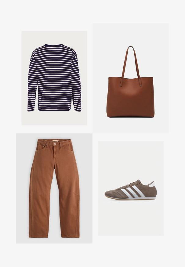 Koszula z długim rękawem w granatowym kolorze w białe poziome paski, z okrągłym dekoltem i miękkim materiałem bawełnianym.; Rude brązowe dżinsy o prostym kroju z kieszeniami z przodu i z tyłu, metalowymi nitami, zapięciem na guzik i pętlami na pasek, leżące płasko na białym tle.; Brązowy zamszowy but sportowy z białymi paskami, okrągłym noskiem, sznurowanym zapięciem i podeszwą z gumy. Teksturowana cholewka z detalami przeszycia.; Brązowa skórzana torba tote o gładkiej fakturze, z otwartym wierzchem i dwoma ramiączkami. Charakteryzuje się minimalnym przeszyciem i brakiem widocznych elementów metalowych.