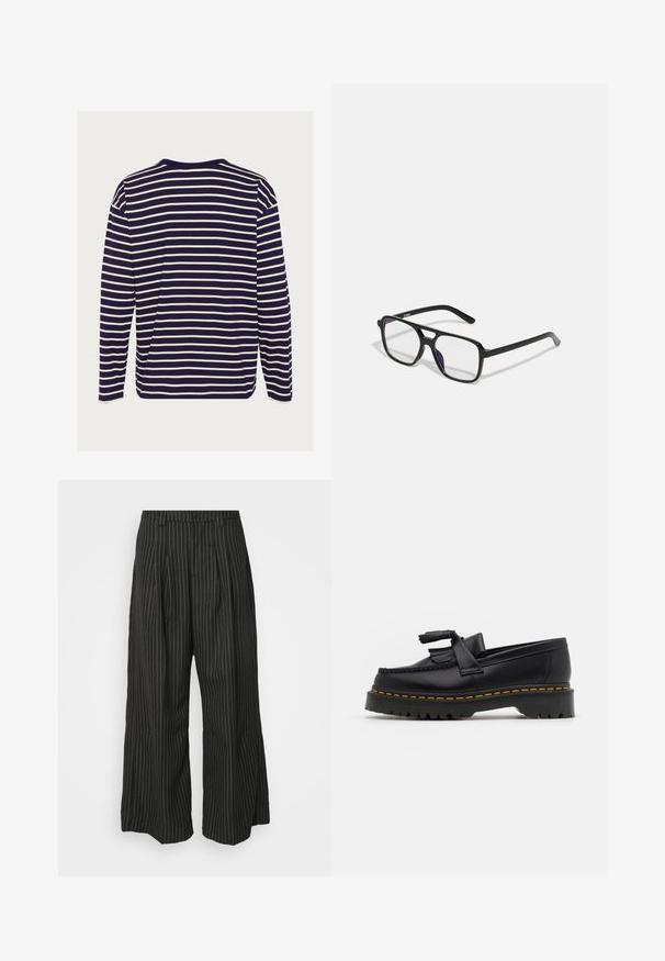 Cămașă cu mânecă lungă de culoare albastru marin, cu dungi albe orizontale, având un decolteu rotund și material moale din bumbac.; Pantaloni largi cu dungi negre, cu pliuri, având un design croit și o textură moale. Fără detalii sau accente vizibile.; Mocasini din piele neagră cu un accent ciufulit, având o talpă groasă neagră și cusături galbene pe margine. Finisaj texturat.; Ochelari rectangulari negri cu lentile clare și o nuanță subtilă de mov, având brațe elegante și un design minimalist.