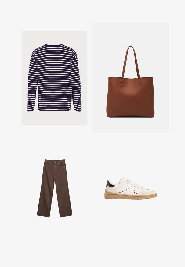 Langärmliges Hemd in Marineblau mit weißen horizontalen Streifen, rundem Halsausschnitt und weichem Baumwollmaterial.; Weite braune Jeans aus Denim, mit hoher Taille, Fronttaschen und klassischem Knopfverschluss. Glatte Textur mit feinen Nähten.; Stradivarius Sneaker low - white; Braune Leder-Tote mit glatter Textur, offenem Oberteil und zwei Schulterriemen. Verfügt über minimale Nähte und keine sichtbaren Beschläge.