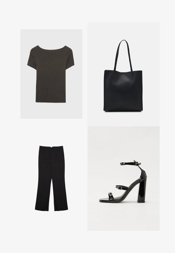 Tmavošedý top s krátkym rukávom a lodičkovým výstrihom. Vyrobený z rebrovanej látky, s voľným strihom a čistým lemovaním. Jednoduchý dizajn, bez vzorov.; Čierne nohavice so strihom rovného strihu, s prednými vreckami a bočnými rozparkami na leme. Vyrobené z mäkkej, hladkej tkaniny. Vhodné na rôzne príležitosti.; Čierne lakované sandále na podpätku so štvorcovou špičkou, navlečenými remienkami okolo členku a striebornými prackami. Disponujú masívnym blokovým podpätkom pre stabilitu.; Čierna kožená taška na rameno s hladkým povrchom, obdĺžnikovým tvarom a dvoma dlhými uchami. Bez viditeľného kovania alebo ozdôb.