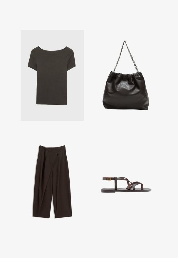 Tmavošedý top s krátkym rukávom a lodičkovým výstrihom. Vyrobený z rebrovanej látky, s voľným strihom a čistým lemovaním. Jednoduchý dizajn, bez vzorov.; Tmavohnedé široké nohavice s vysokým pásom, s jedným gombíkom a záhybmi vpredu. Vyrobené z ľahkej textílie.; Hnedé kožené sandály s krížovými popruhmi, uzatváraním na pracku okolo členku a plochou podrážkou s minimálnymi ševmi.; Hnedá kožená taška so zberaným vrchom a reťazovým popruhom. Hladký povrch s lesklým finišom a jemným švom po stranách.