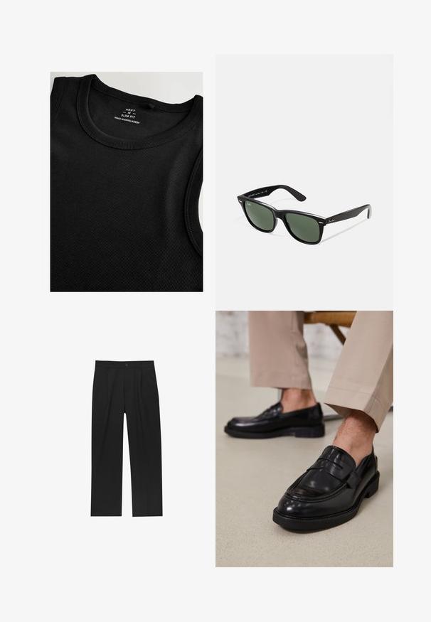 Črna majica brez rokavov iz rebraste tkanine z ozkim krojem. Ima okroglo izreza in ravne šive za gladek zaključek.; Črne hlače z ravnim krojem, narejene iz gladkega materiala. Imajo sprednje gube in enojno zaponko na pasu.; Črne usnjene loafer čevlje z gladko površino, ki imajo okrasno zaponko in kontrastno šivanje, v kombinaciji s bež hlačami.; Črne plastične sončna očala z zelenimi lečami, kvadratni okvirji, srebrni detajl na obrvi in teksturirani ročaji. Blagovna znamka navedena na notranji strani ročaja.