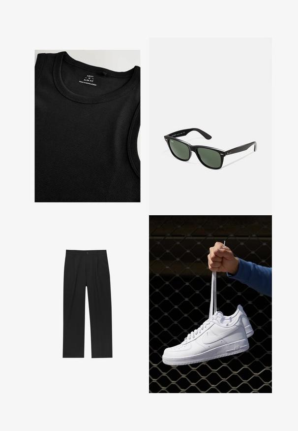 Zwarte tanktop van ribstof met een slim fit. Heeft een ronde halslijn en platte naden voor een gladde afwerking.; Zwarte broeken met een recht model, gemaakt van een gladde stof. Voorzien van een voorplooien en een enkele knoopsluiting bij de taille.; Witte leren sneakers met perforaties, ronde neus, vlakke zool en dikke veters, met een zichtbare swoosh-logo en "AIR" op de hiel.; Zwarte plastic zonnebril met groene lenzen, vierkante montuur, zilveren accent op de wenkbrauw en een gestructureerde tempel. Merken vermeld op de binnenkant van de arm.