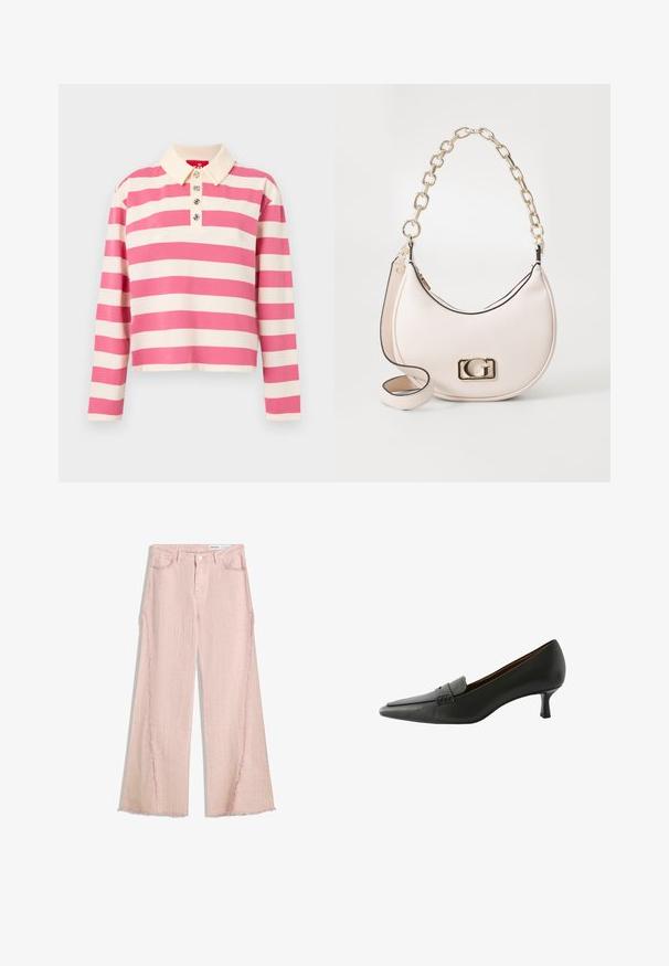 Polo majica z dolgimi rokavi v roza in smetanasti barvi s črtami. Ima ovratnik in tri dekorativne gumbe spredaj. Material: bombaž.; Svetlo roza široke hlače z žepi, z teksturiranim zaključkom in razcnim robom. Imajo zapiranje na gumb in zanke za pas.; Črne usnjene čevlje na peto s koničastim prstom in okrasnim trakom. Imajo nizko stileto peto in gladko teksturo.; Roza teksturirana usnjena torbica z zlatim verižnim ročajem, okrogle oblike in z zlatim logotipom na sprednji strani. Ima tudi dodatni naramni trak.