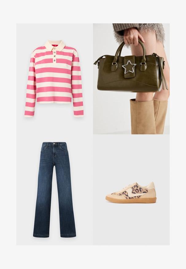 Polo de manga larga a rayas en rosa y crema. Presenta un cuello con solapa y tres botones decorativos en la parte delantera. Material de algodón.; Jeans de mezclilla azul oscuro con un diseño de pierna ancha, que cuentan con cinco bolsillos y un cierre frontal de botón. Textura suave y detalles de costura clásicos.; Zapatillas de leopardo con parte superior de ante beige, suela de goma marrón y acentos blancos. Punta redonda y diseño con cordones con un acabado texturado.; Bolso de mano de cuero sintético verde oliva con acento de estrella plateada, doble asa y cierre de cremallera. Superficie texturizada y forma estructurada.