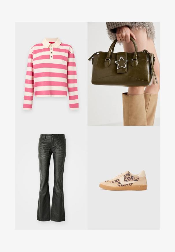 Ruožuotas ilgomis rankovėmis polo marškinėliai rožinės ir grietinėlės spalvų. Yra apykaklės iškirptė ir trys dekoratyvūs mygtukai priekyje. Pagaminti iš medvilnės.; Juodos dirbtinės odos flared džinsai su priekinėmis kišenėmis, metaliniu mygtuko uždarymu ir šiek tiek tekstūruota paviršių. Tiesūs džinsai su ilgu kirpimu.; Leopardų rašto sportiniai batai su smėlio spalvos zomšiniu viršumi, rusvu guminiu padu ir baltais akcentais. Apvalus nosis ir raištelių užsegimas su tekstūruotu paviršiumi.; Alyvuogių žalios spalvos dirbtinės odos rankinė su sidabro žvaigždės akcentu, dviem rankenomis ir užtrauktuko uždarymu. Tekstūruotas paviršius ir struktūrizuota forma.