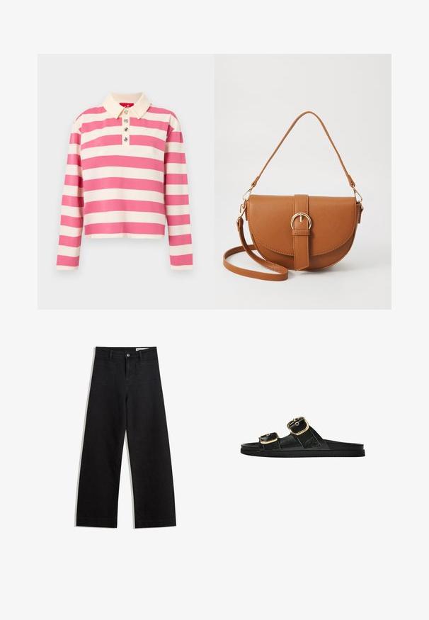 Csíkos, hosszú ujjú polo ing rózsaszín és krémszín kombinációban. Kerek nyakú, és három dekoratív gomb található elöl. Pamut anyag.; Fekete, bő szabású farmernadrág magas derékkal, elülső és hátsó zsebekkel, varrott felületekkel és gombos záródással. Sima textúra.; Fekete csúszó szandál, két arany csattal, sima textúrájú anyagból, lapos talppal és minimalista dizájnnal.; Barna bőr keresztbody táska ívelt formával, aranyszínű fémrészekkel és csat díszítéssel. Levehető vállpánttal rendelkezik.
