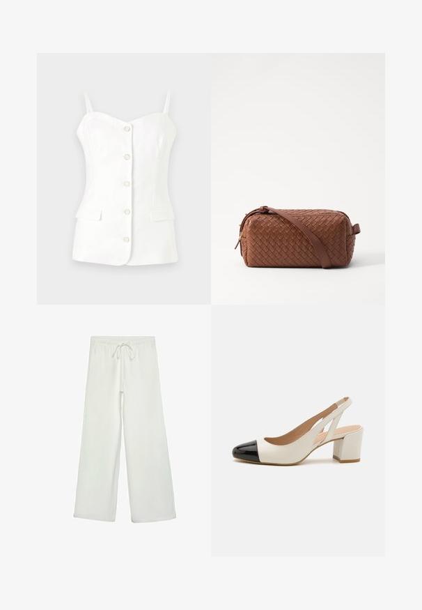 Biała dopasowana kamizelka z regulowanymi ramiączkami spaghetti, z dekoltem sercowym, sześcioma guzikami i dwiema przednimi kieszeniami. Gładka tekstura.; Białe spodnie o szerokich nogawkach wykonane z miękkiego materiału. Posiadają elastyczny pas ze sznurkiem i gładką teksturę. Brak widocznych wzorów lub elementów metalowych.; Białe skórzane buty na obcasie typu slingback z czubkiem w czarnym lakierowanym wykończeniu. Posiadają blokowy obcas oraz wycięcia po bokach.; Brązowa pleciona skórzana torba o prostokątnym kształcie, gładkiej fakturze, zamknięciu na zamek i pasku na ramię. Posiada boczny uchwyt i złote akcenty.; Srebrne kolczyki na biglu o gładkim, błyszczącym wykończeniu. O zaokrąglonym kształcie, lekkim designie, z zamknięciem na zatrzask.