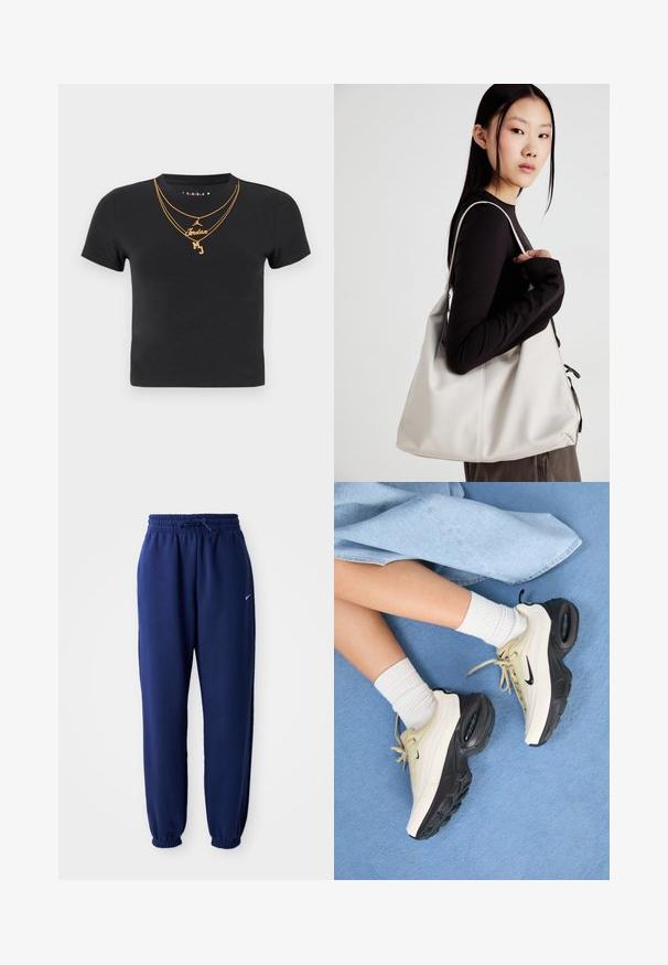 Černé bavlněné tričko s kulatým výstřihem, krátkými rukávy a zlatými řetízky s textovými ozdobami "Jordan" a "MJ".; Tmavě modré tepláky vyrobené z měkké látky, se elastickým pasem se šňůrkou, elastickými manžetami a malým bílým logem.; Nike Air Max tenisky mají béžový a černý design, s hladkým svrškem, viditelným vzduchovým odpružením a plochými gumovými podrážkami.; Beige kabelka vyrobená z měkkého materiálu, s volným designem, prošívanými detaily a dvěma ramenními popruhy. Vhodná pro každodenní použití.